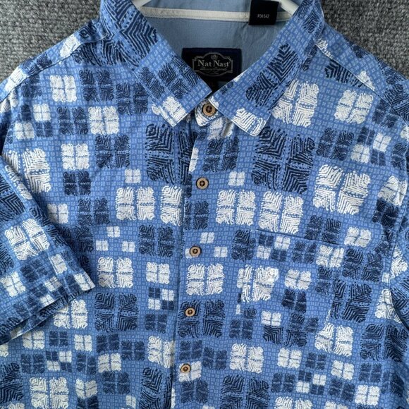 Nat Nast Button Up Shirt Short Sleeve Men’s XL Silk Cotton Geometric Tiki Adult - Picture 1 of 14